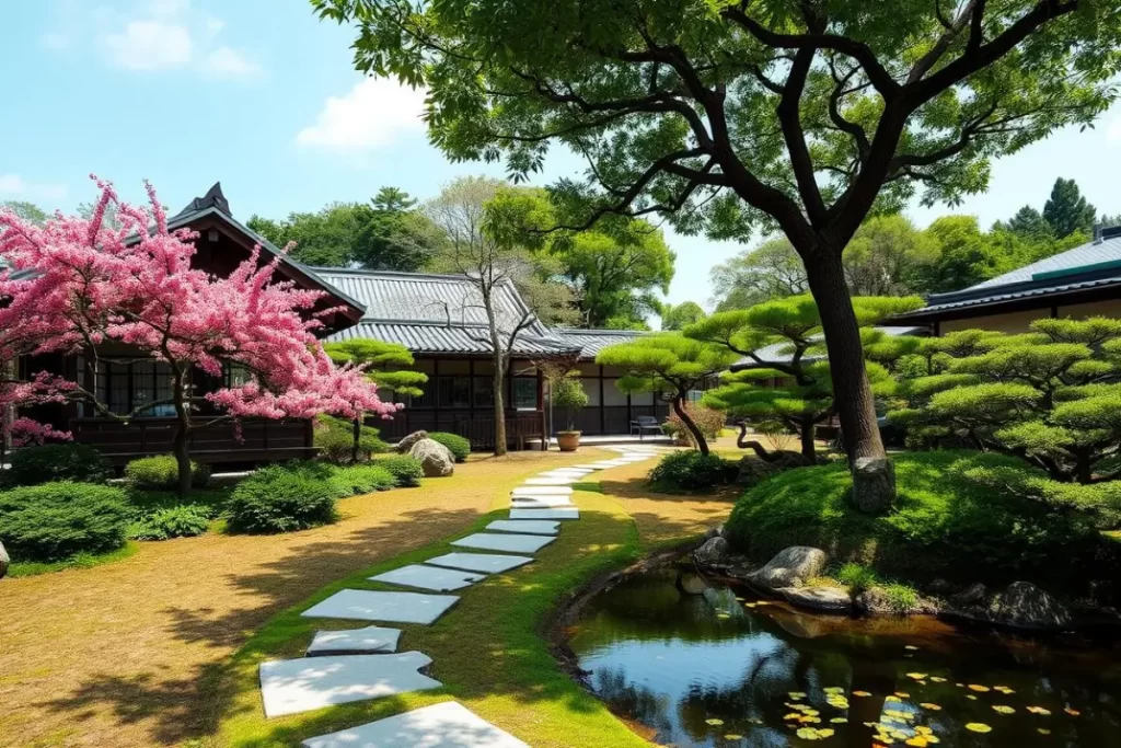 Hábitos Japoneses. Um sereno jardim de chá japonês com um caminho de pedra zen, rodeado por uma vegetação luxuriante, cerejeiras em flor e um tranquilo lago de carpas, que apresenta elementos de atenção plena, equilíbrio e simplicidade na natureza.