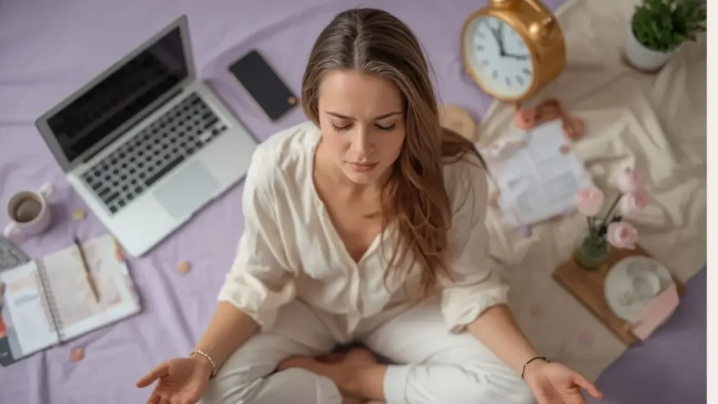 mulher sentada tentando meditar em casa enquanto ao redor dela aparecem discretamente elementos da rotina cotidiana, notebook aberto, celular, agenda com anotações, xícara de café e relógio, expressão de quem está tentando desacelerar