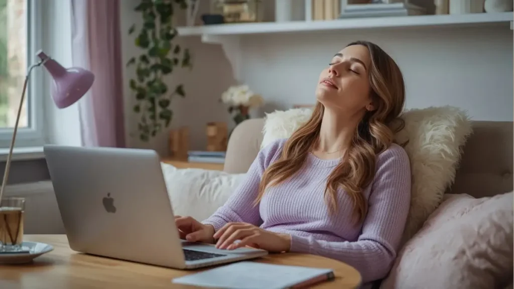 mulher trabalhando em home office em um ambiente pequeno e aconchegante, notebook sobre a mesa, ela fez uma pausa consciente e está sentada confortavelmente com os olhos fechados por alguns minutos, mãos relaxadas, ambiente organizado.