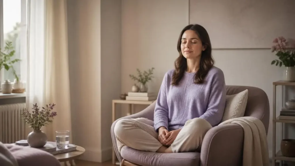 mulher adulta sentada confortavelmente em uma cadeira em seu apartamento, praticando meditação em casa, expressão serena