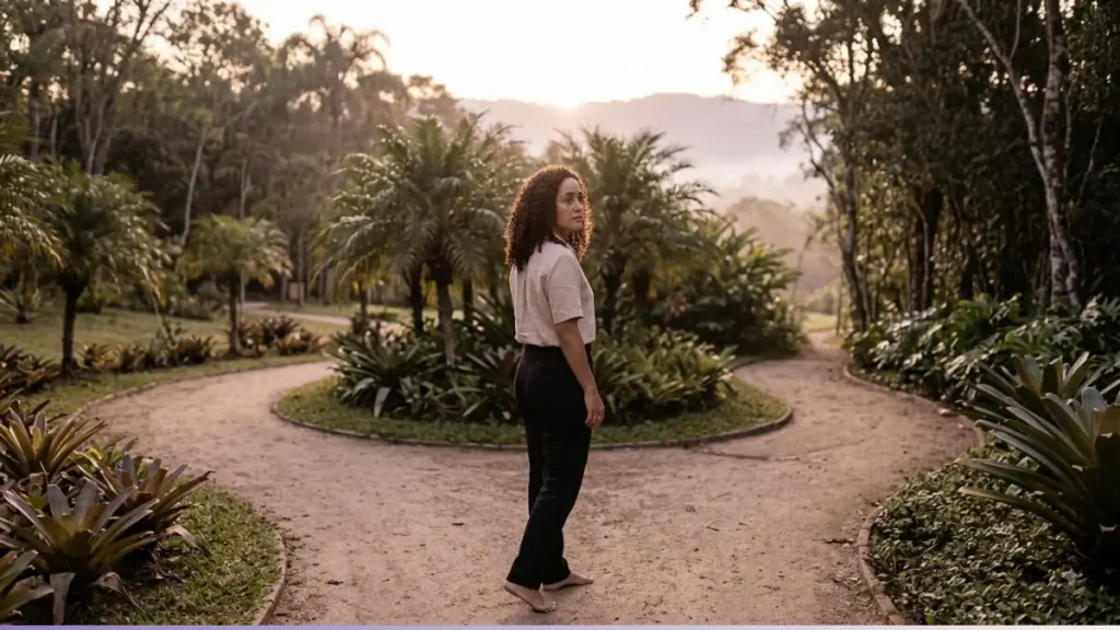 Mulher adulta brasileira, cerca de 35 anos, aparência natural e realista, cabelos cacheados castanho-escuros, caminhando sozinha por uma estrada tranquila em um parque ao amanhecer, ela para por um instante e olha para trás, percebendo que está seguindo novamente o mesmo caminho, expressão pensativa e introspectiva, sem tristeza exagerada, ao longe existe uma pequena abertura na paisagem indicando uma nova direção, luz natural suave do início da manhã