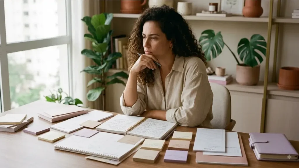 Mulher adulta brasileira sentada diante de uma mesa organizada, cercada por caderno aberto, pequenas anotações, calendário, listas e post-its, olhando para tudo com expressão de indecisão e excesso de pensamento, uma caneta parada na mão sem escrever, ambiente de home office acolhedor, sensação visual de planejamento excessivo e dificuldade de agir