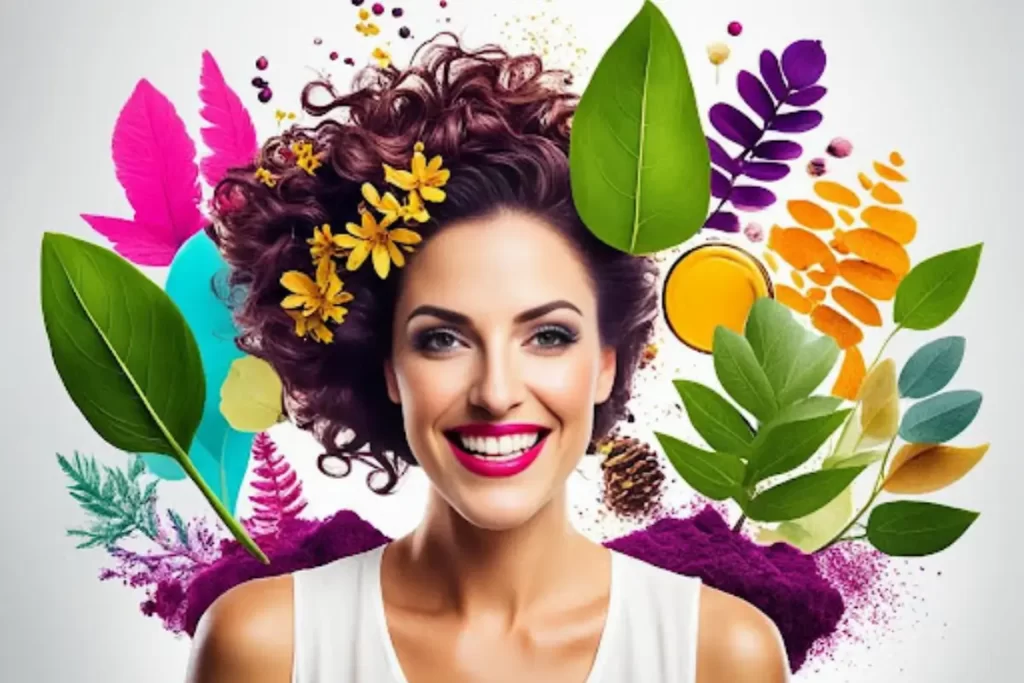 História da beleza, imagem que celebre o espírito empreendedor da beleza e inspire a criatividade e a inovação. Incorpore elementos da natureza, feminilidade e cores fortes para transmitir o