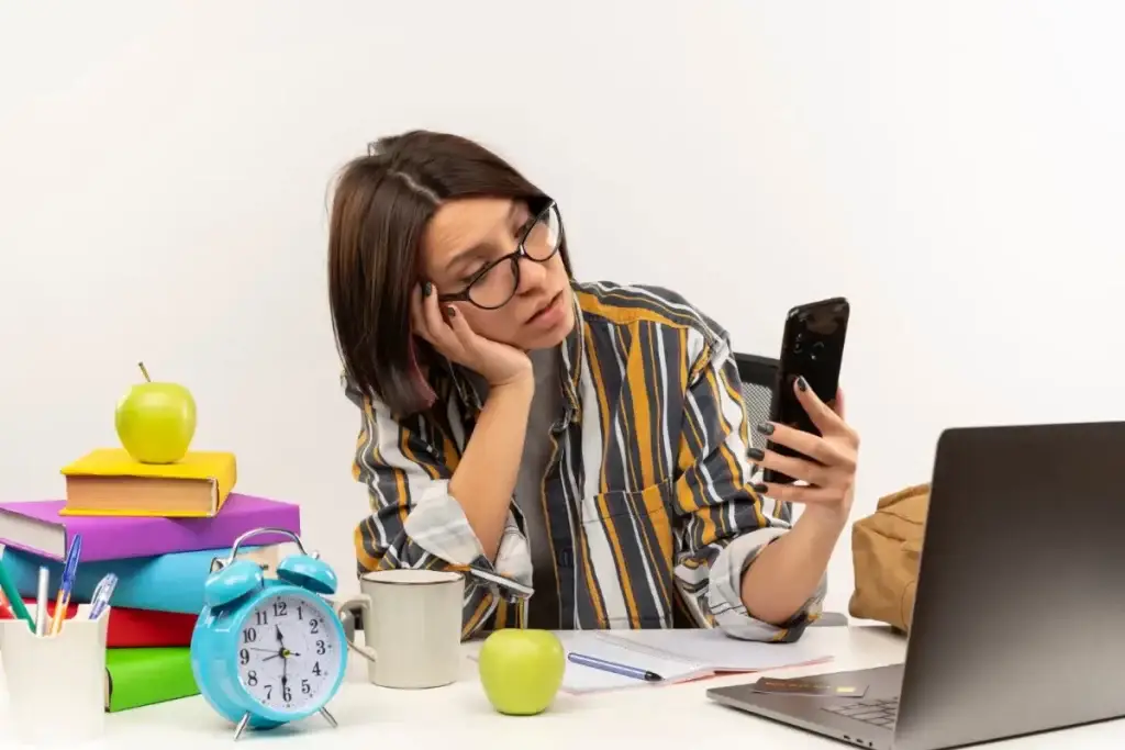 Imagem de stockking no Freepik Jovem estudante impressionada de óculos, sentada na mesa, segurando e olhando para o celular isolado no brancO