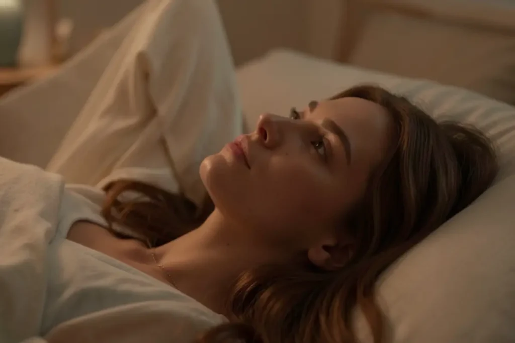 overthinking noturno, mulher deitada olhando para o teto.