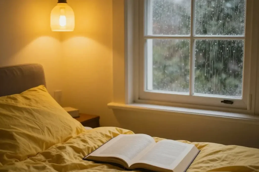 Overthinking noturno, quarto, com luz clara, janela, chuva e livro sobre a cama.