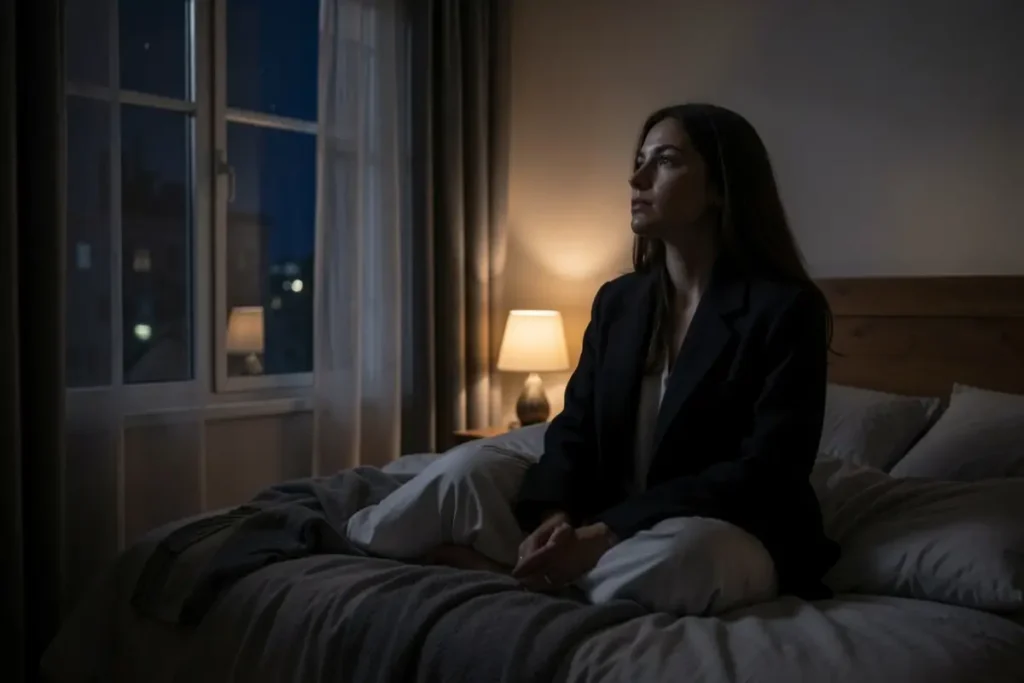Mulher sentada na cama à noite olhando para janela.Imagem Gerada no magnific.com