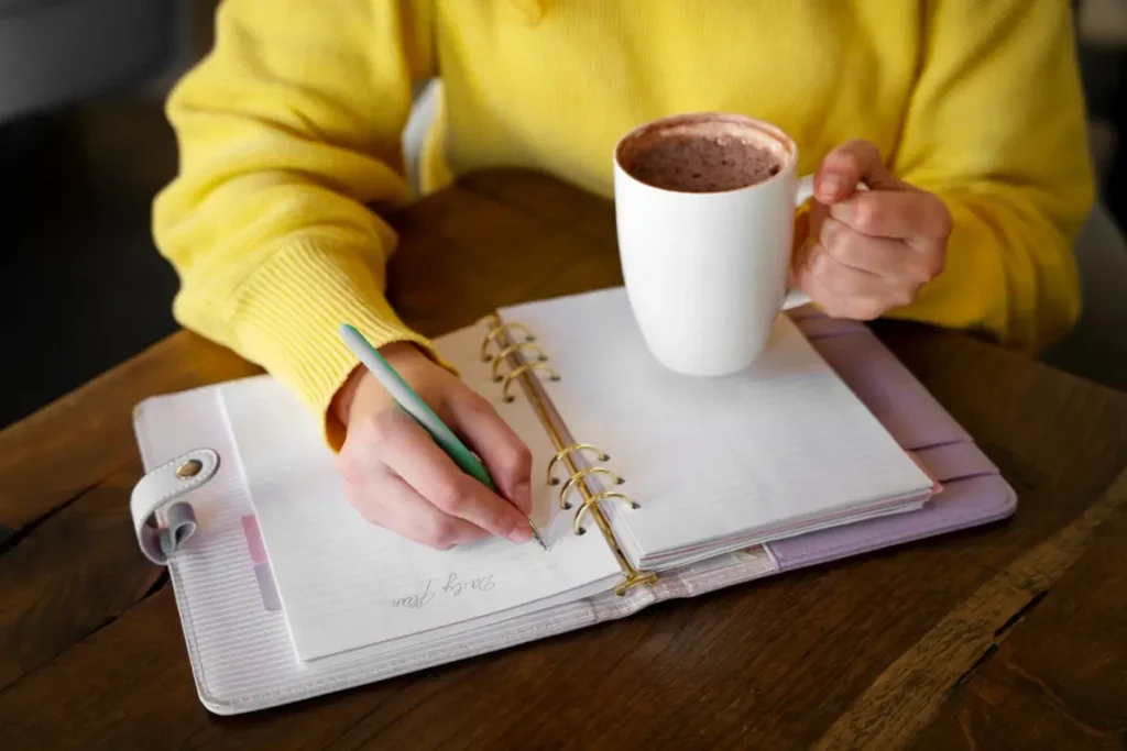 rotina matinal Mulher bebendo chocolate quente no café. Imagem do Freepik..
